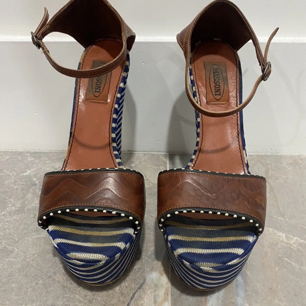 Missoni Brown Leather and Blue Striped Platform Sandals
